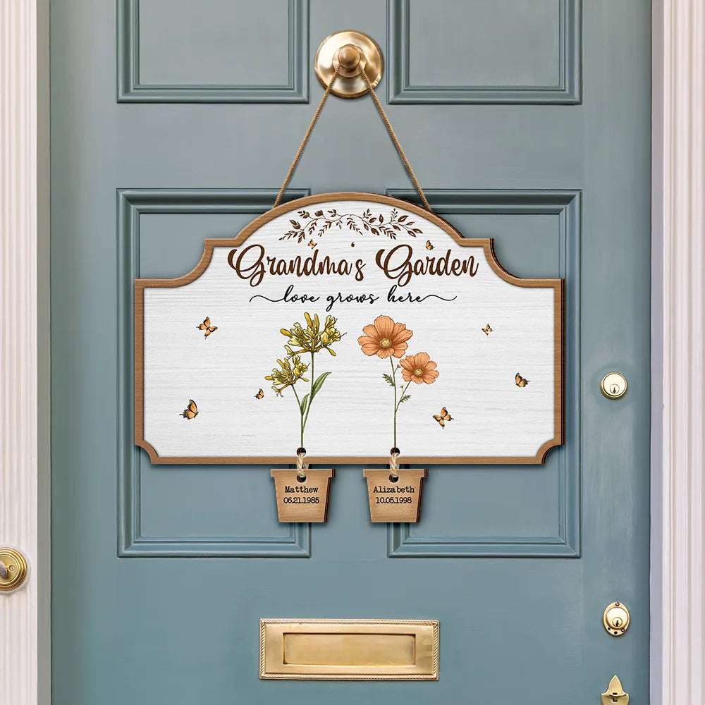 Grandma's Garden Birth Flowers - Personalized Custom Shaped Wood Sign With Wooden Tags