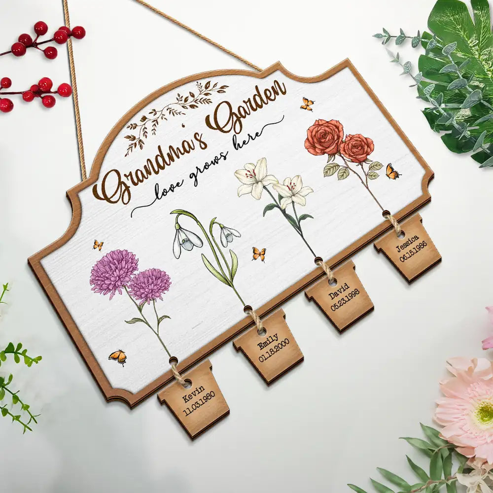 Grandma's Garden Birth Flowers - Personalized Custom Shaped Wood Sign With Wooden Tags