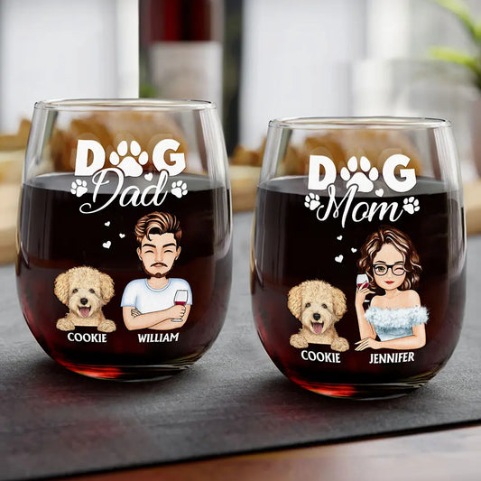 Dog Mom And Dog Dad - Personalized Stemless Wine Glass