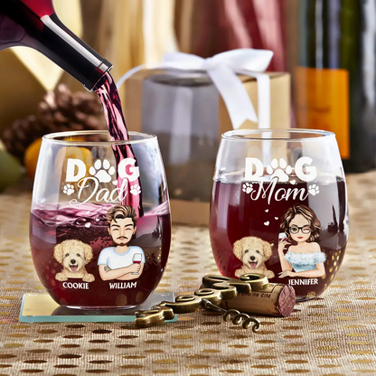Dog Mom And Dog Dad - Personalized Stemless Wine Glass