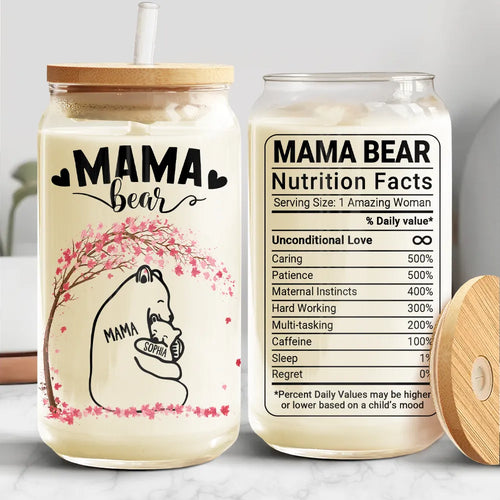 Gift For Mother, Gift For Grandma, Gift For Women, Love - Mama Bear Nutrition Facts - Personalized Clear Glass Can