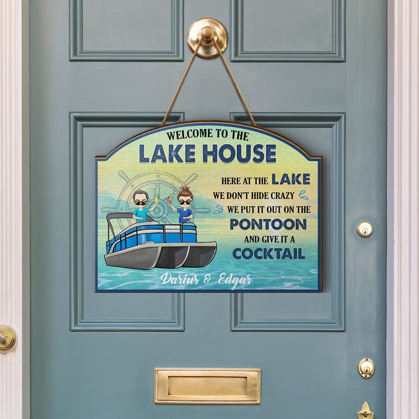 Pontoon Here At The Lake We Don't Hide Crazy - Home Decor, Backyard Decor, Lake House Sign, Gift For Pontooning Lovers, Couples, Husband, Wife - Personalized Custom Shaped Wood Sign