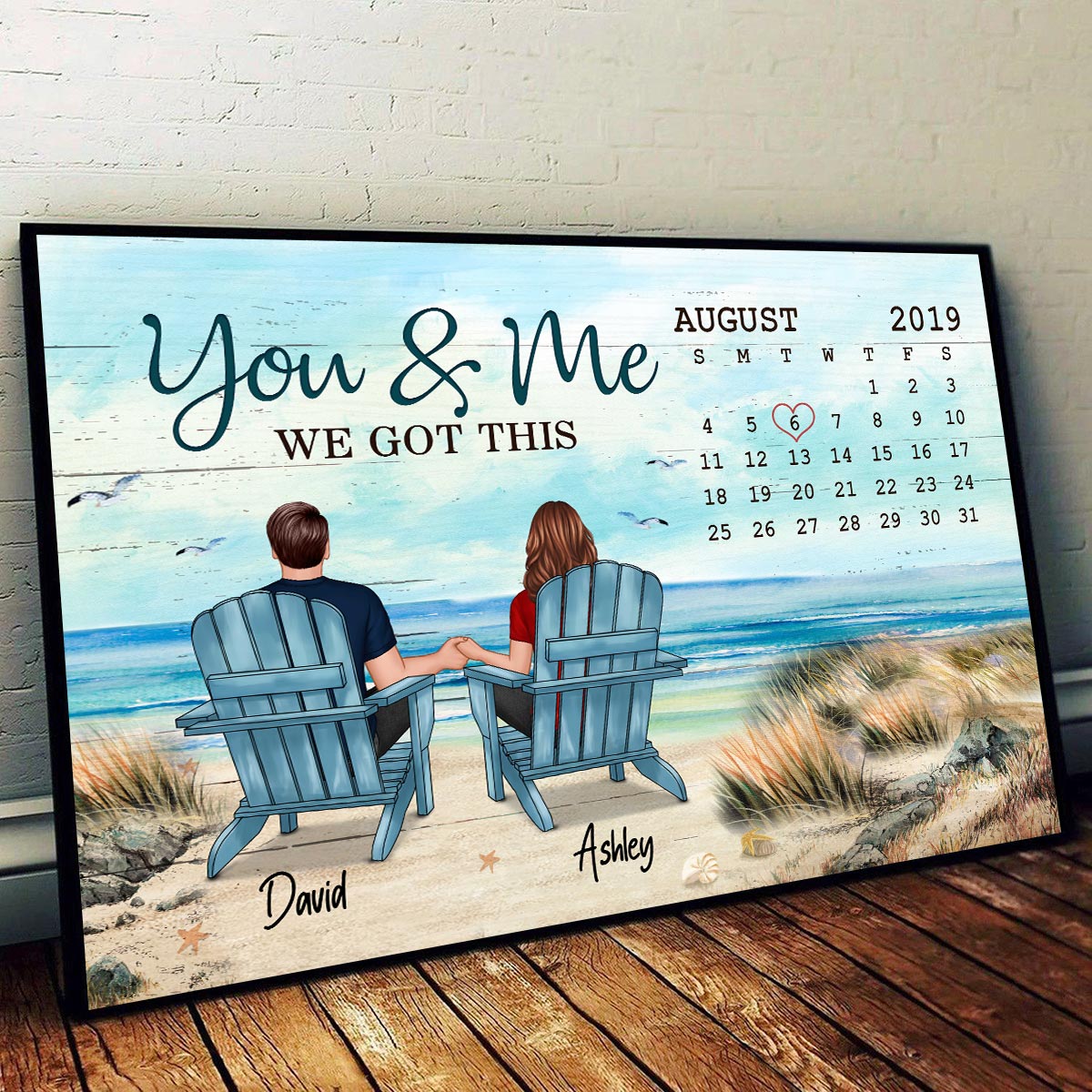 Anniversary Date Back View Couple Sitting Beach Landscape Gift For Him For Her Personalized Horizontal Poster