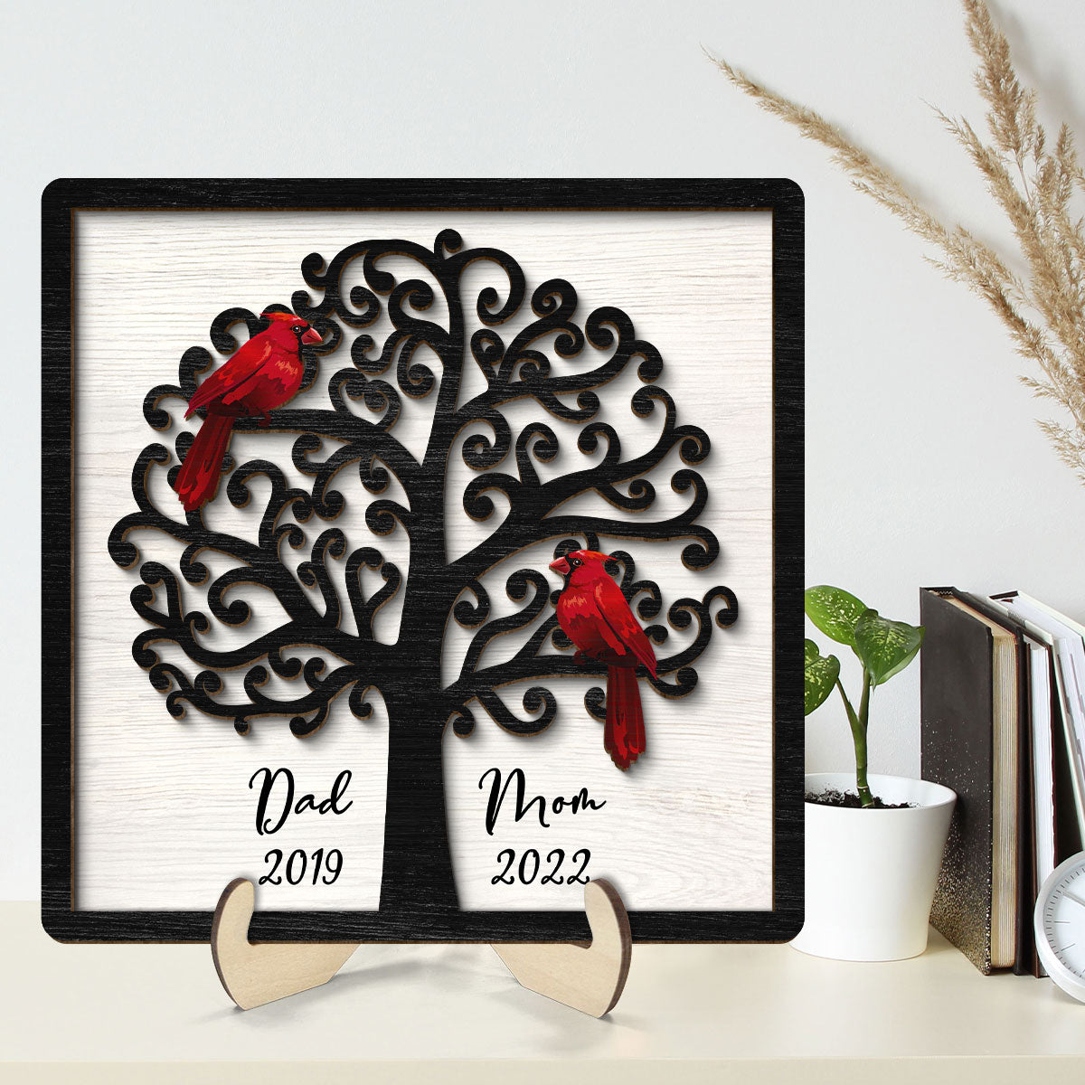 Dad Mom Cardinal Tree Personalized 2-Layer Wooden Plaque