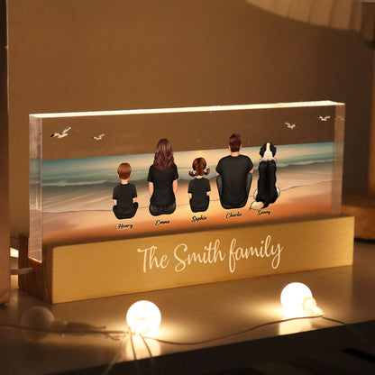 Realistic Beach Landscape Family Sitting Personalized Acrylic Block LED Night Light