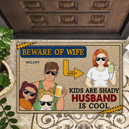 Husband Is Cool Beware Of Wife, Couples With Kids - Birthday, Loving Gift For Dad, Parents - Personalized Custom Doormat