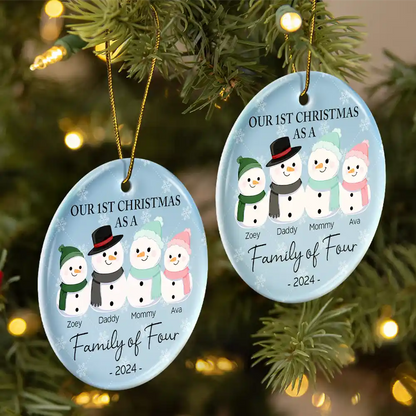 First Christmas As A Family Of Three Snowman - Personalized Circle Acrylic Ornament