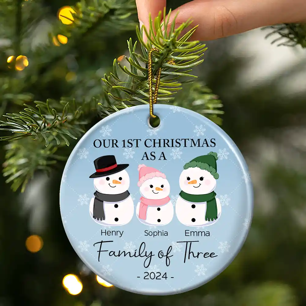 First Christmas As A Family Of Three Snowman - Personalized Circle Acrylic Ornament