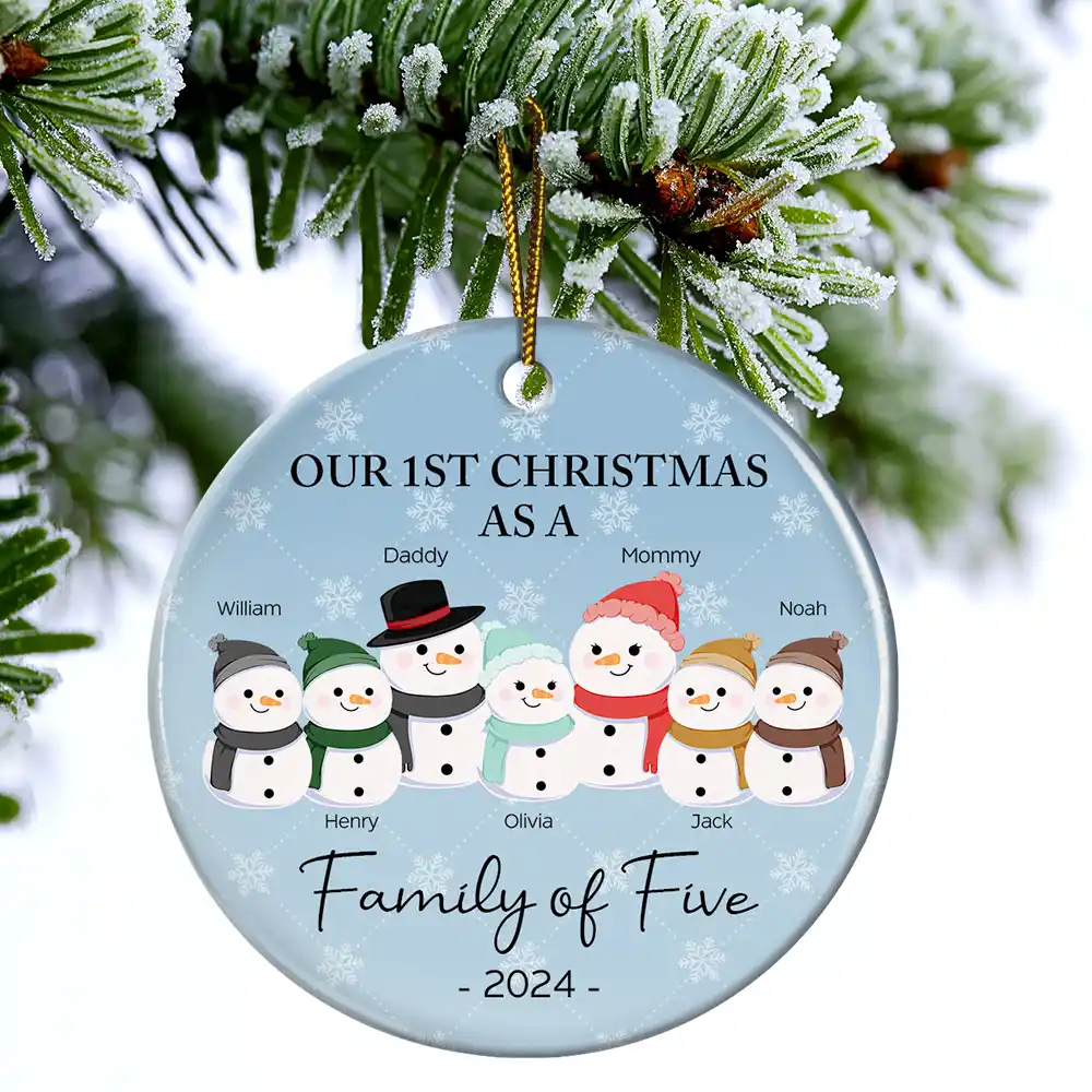 First Christmas As A Family Of Three Snowman - Personalized Circle Acrylic Ornament