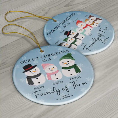 First Christmas As A Family Of Three Snowman - Personalized Circle Acrylic Ornament