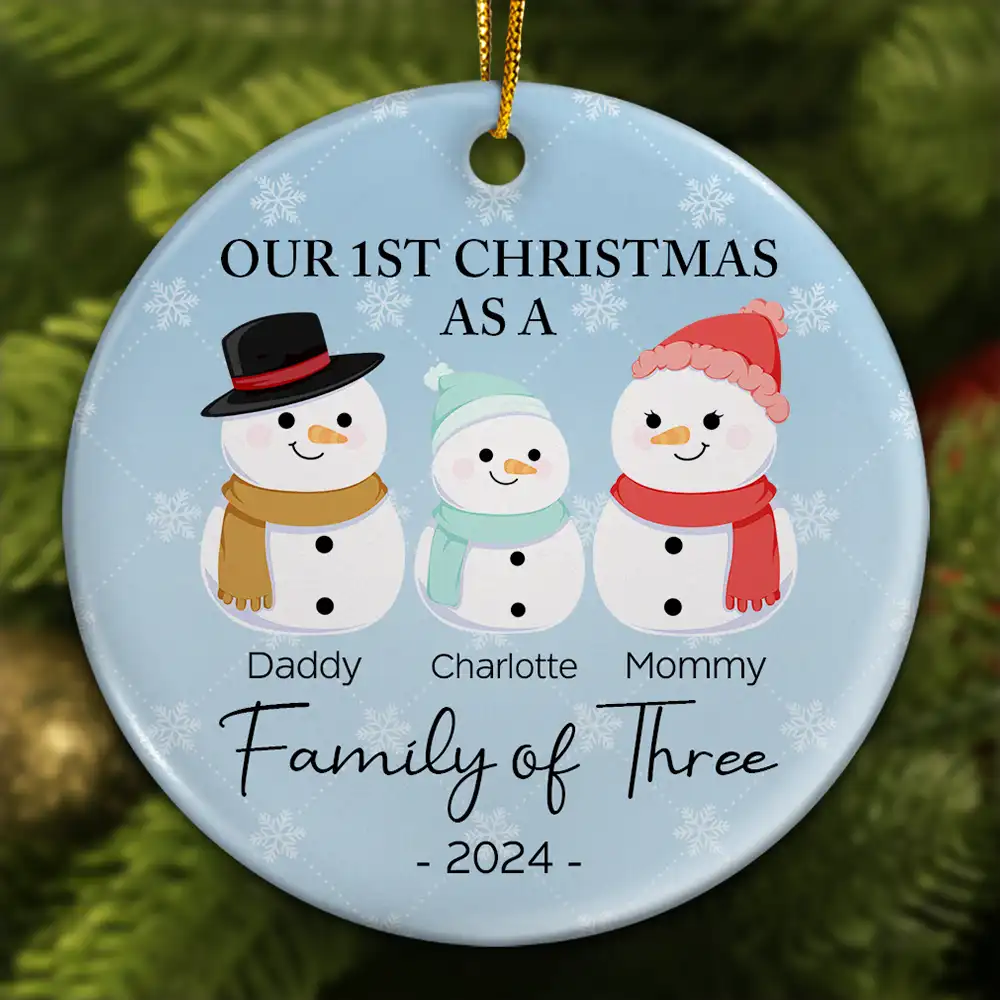 First Christmas As A Family Of Three Snowman - Personalized Circle Acrylic Ornament