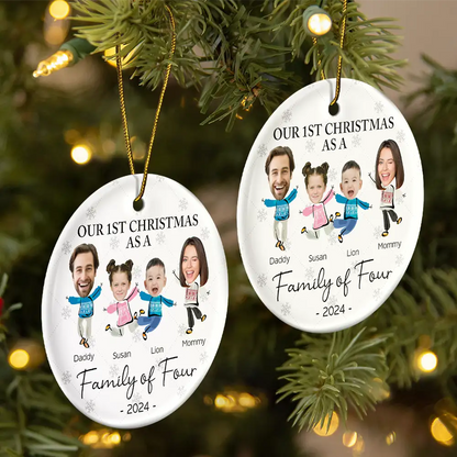 Custom Photo Our First Christmas As A Family Of Three - Personalized Circle Acrylic Ornament