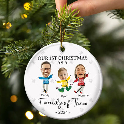 Custom Photo Our First Christmas As A Family Of Three - Personalized Circle Acrylic Ornament