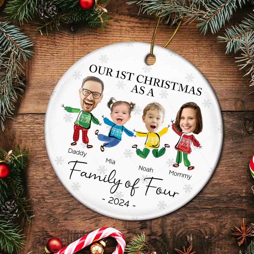 Custom Photo Our First Christmas As A Family Of Three - Personalized Circle Acrylic Ornament