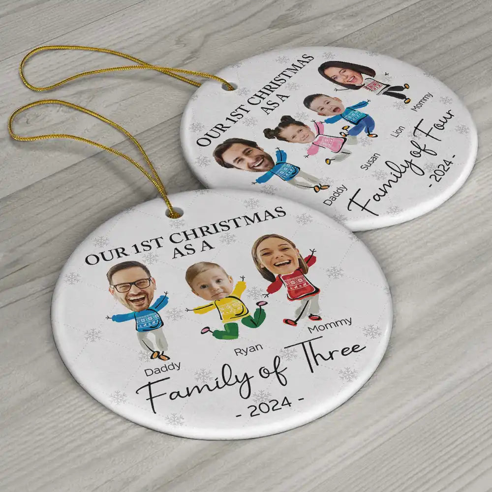 Custom Photo Our First Christmas As A Family Of Three - Personalized Circle Acrylic Ornament