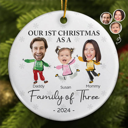 Custom Photo Our First Christmas As A Family Of Three - Personalized Circle Acrylic Ornament