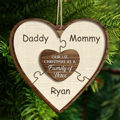 Our First Christmas As A Family Of Three Puzzle - Personalized Wooden Ornament