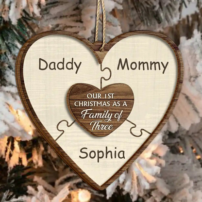 Our First Christmas As A Family Of Three Puzzle - Personalized Wooden Ornament