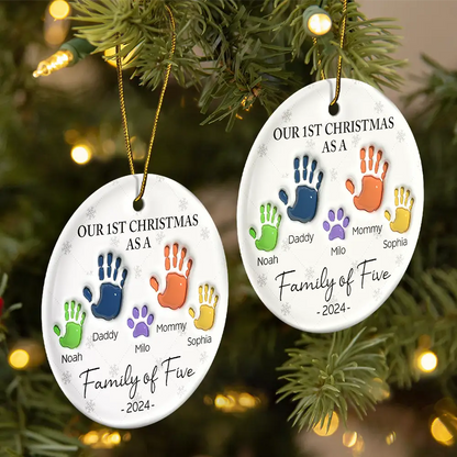 First Christmas As A Family Of Four Handprints - 3D Inflated Effect Printed Ornament, Personalized Circle Acrylic Ornament