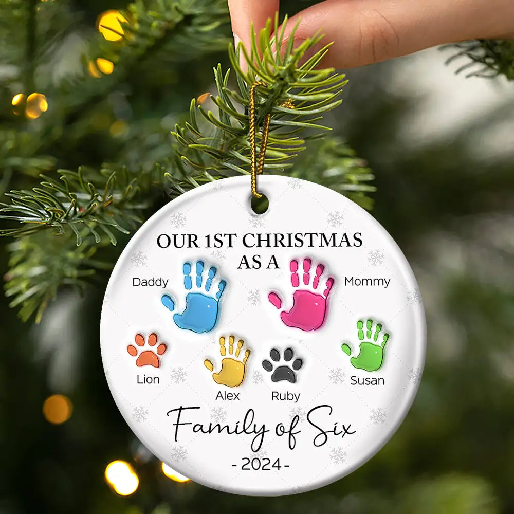 First Christmas As A Family Of Four Handprints - 3D Inflated Effect Printed Ornament, Personalized Circle Acrylic Ornament