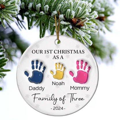 First Christmas As A Family Of Four Handprints - 3D Inflated Effect Printed Ornament, Personalized Circle Acrylic Ornament