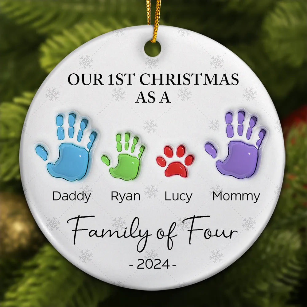 First Christmas As A Family Of Four Handprints - 3D Inflated Effect Printed Ornament, Personalized Circle Acrylic Ornament