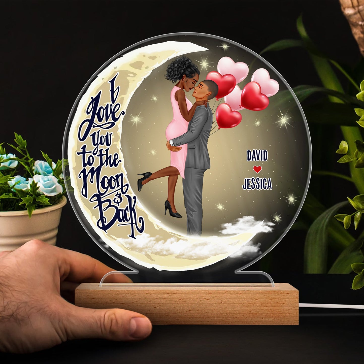 I Love You To The Moon And Back - Anniversary, Birthday Gift For Spouse, Lover, Husband, Wife, Boyfriend, Girlfriend, Married Couple - Personalized Custom 3D Led Light Wooden Base