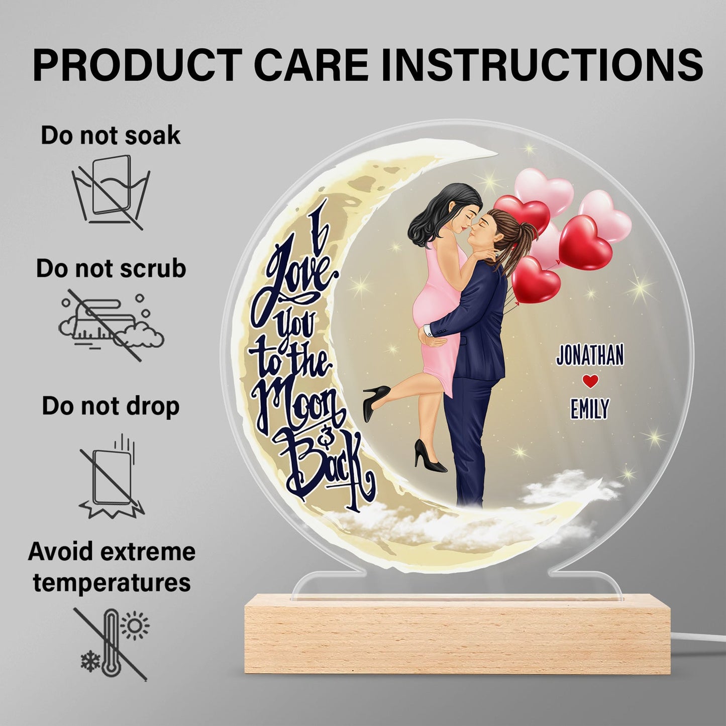 I Love You To The Moon And Back - Anniversary, Birthday Gift For Spouse, Lover, Husband, Wife, Boyfriend, Girlfriend, Married Couple - Personalized Custom 3D Led Light Wooden Base