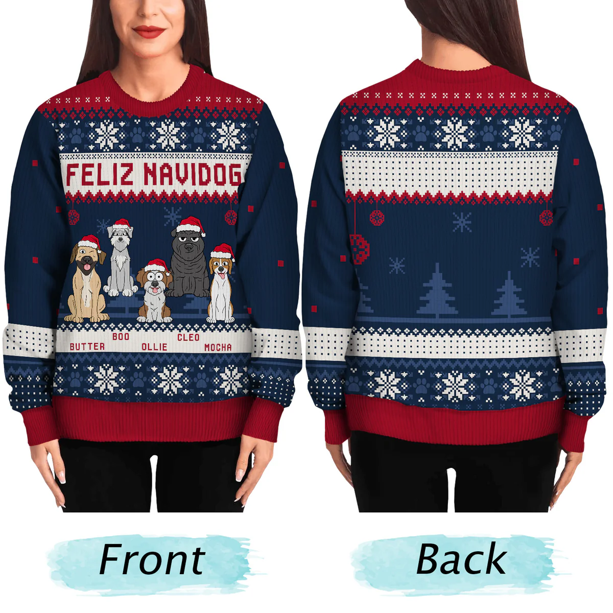 Feliz Navidog Merry Woofmas Funny Cartoon Dogs - Christmas Gift For Dog Lovers - Personalized Unisex Ugly Sweater