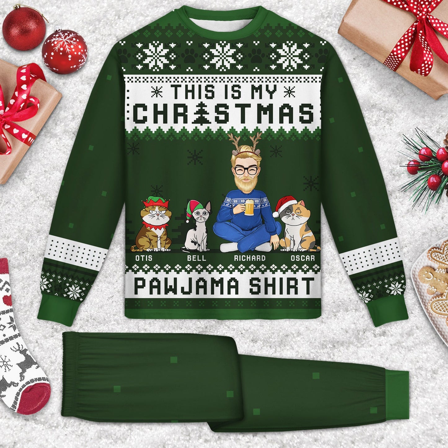 Cat Christmas Pawjama Shirt Cartoon Style - Gift For Cat Lovers, Cat Moms, Cat Dads - Personalized Unisex Pajamas Set