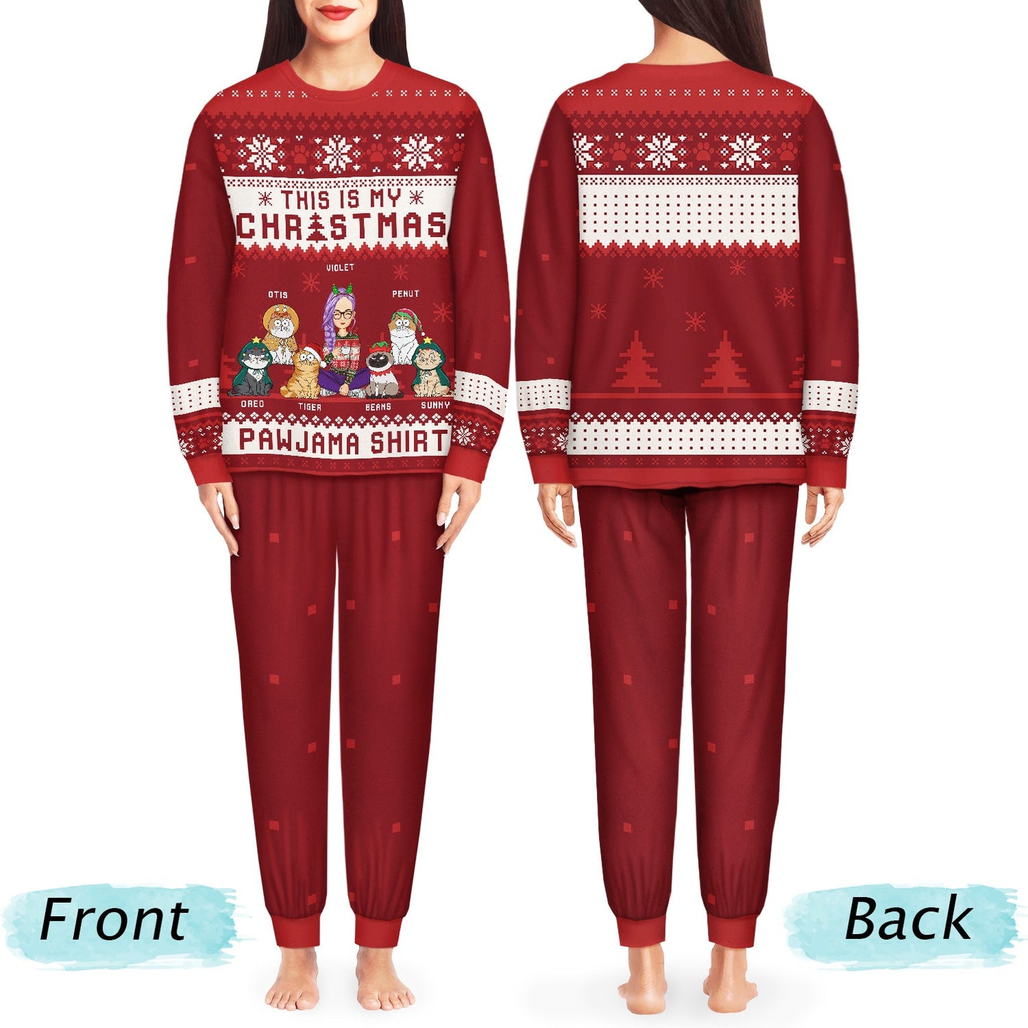 Cat Christmas Pawjama Shirt Cartoon Style - Gift For Cat Lovers, Cat Moms, Cat Dads - Personalized Unisex Pajamas Set