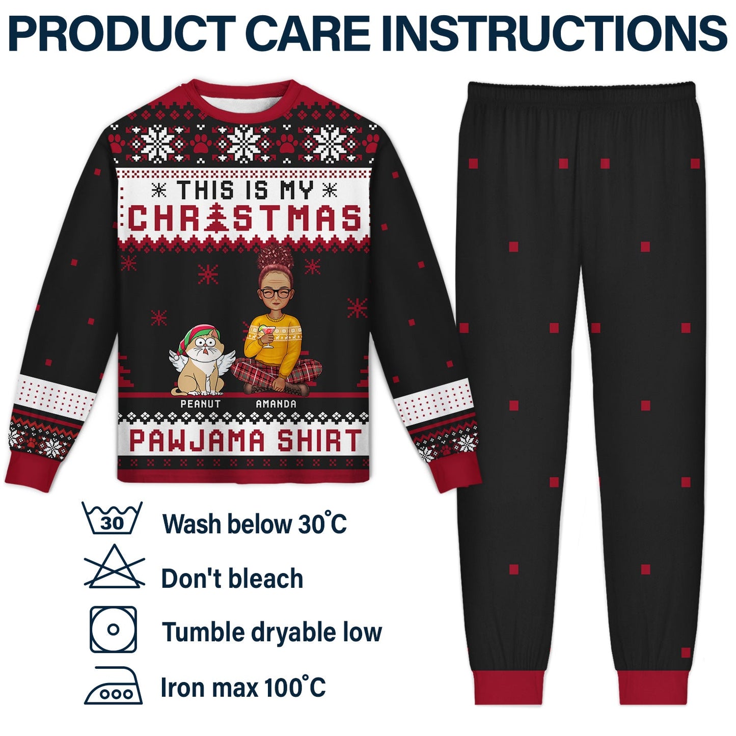Cat Christmas Pawjama Shirt Cartoon Style - Gift For Cat Lovers, Cat Moms, Cat Dads - Personalized Unisex Pajamas Set