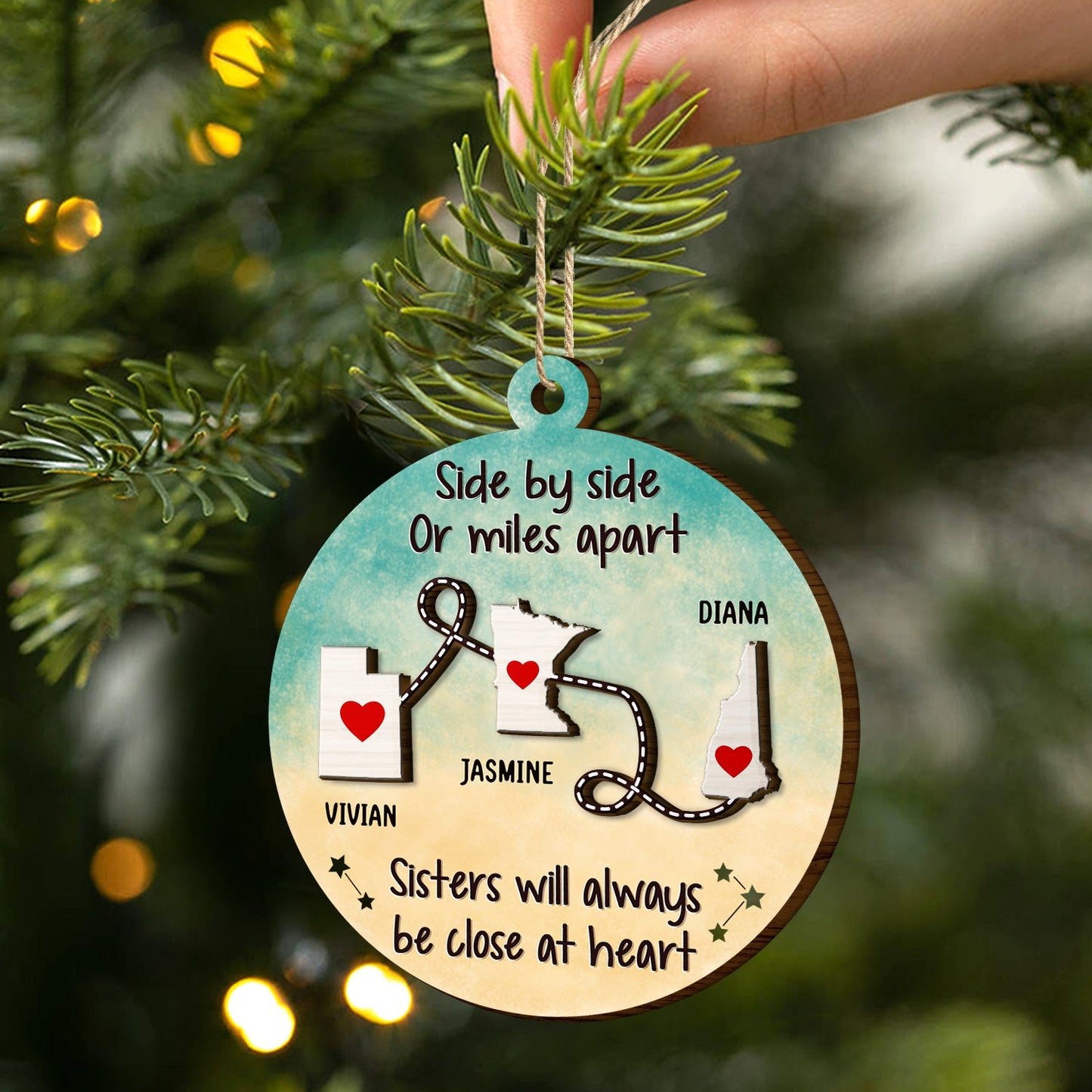 Side By Side Or Miles Apart - Christmas Gift For Family, BFF Best Friends, Siblings, Brothers, Sisters - Personalized 2-Layered Wooden Ornament