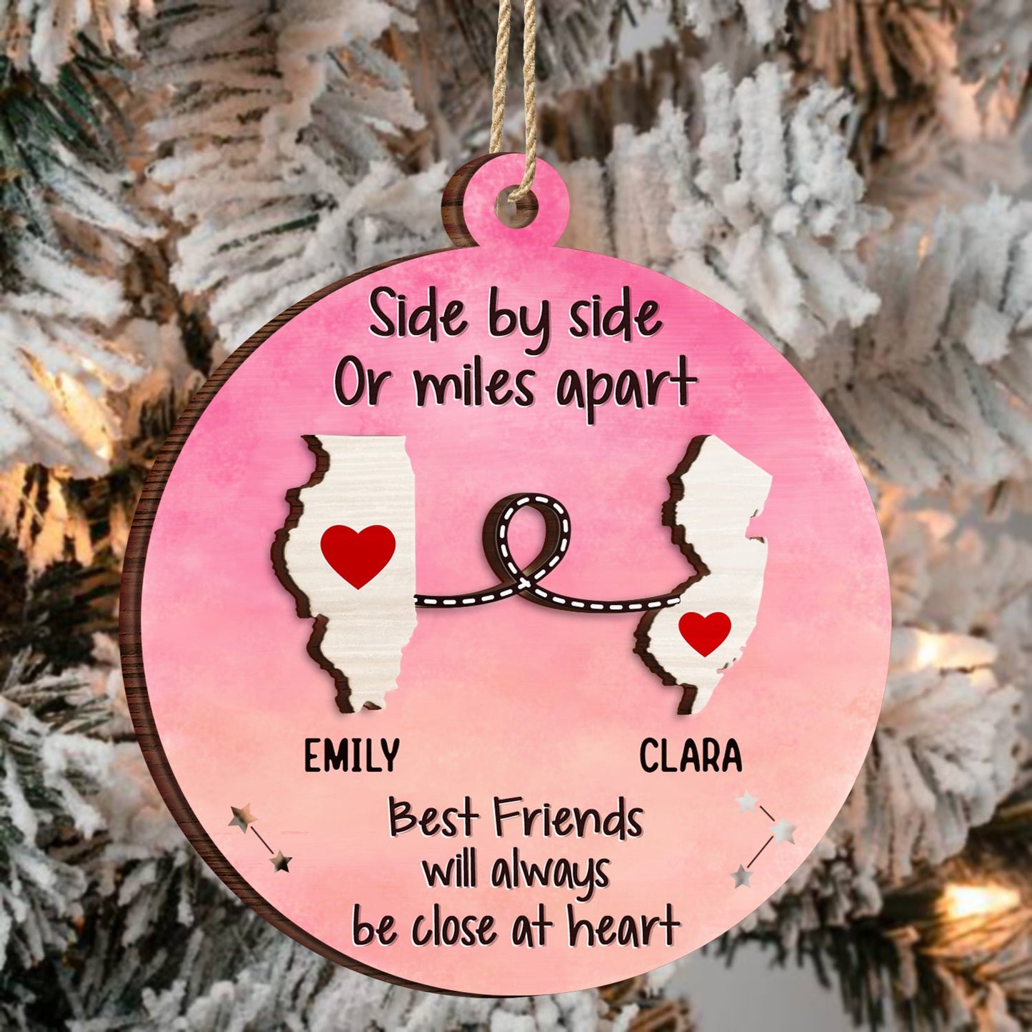 Side By Side Or Miles Apart - Christmas Gift For Family, BFF Best Friends, Siblings, Brothers, Sisters - Personalized 2-Layered Wooden Ornament