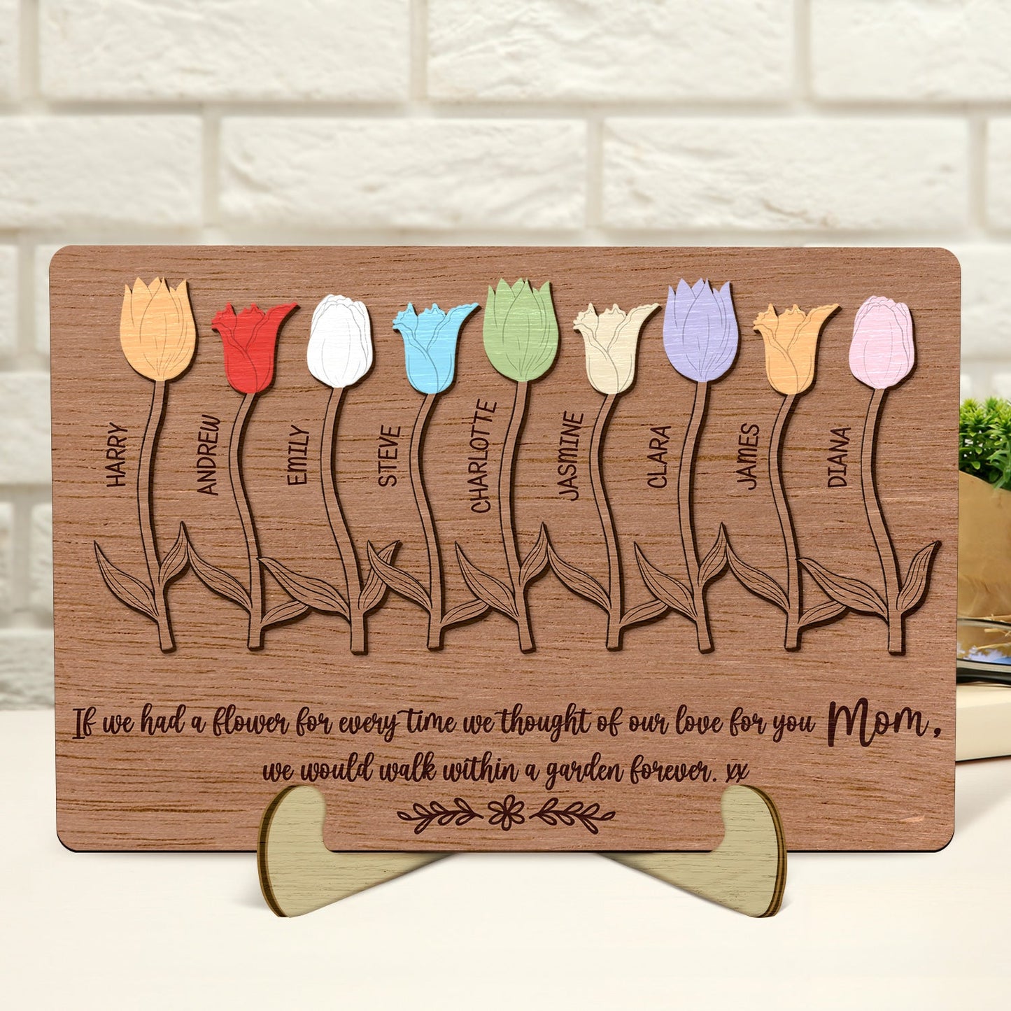 Mom's Flower Garden - Birthday, Loving Gift For Mother, Mum, Grandma, Grandmother, Family - Personalized 2-Layered Wooden Plaque With Stand