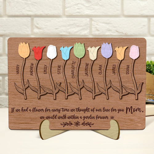 Mom's Flower Garden - Birthday, Loving Gift For Mother, Mum, Grandma, Grandmother, Family - Personalized 2-Layered Wooden Plaque With Stand