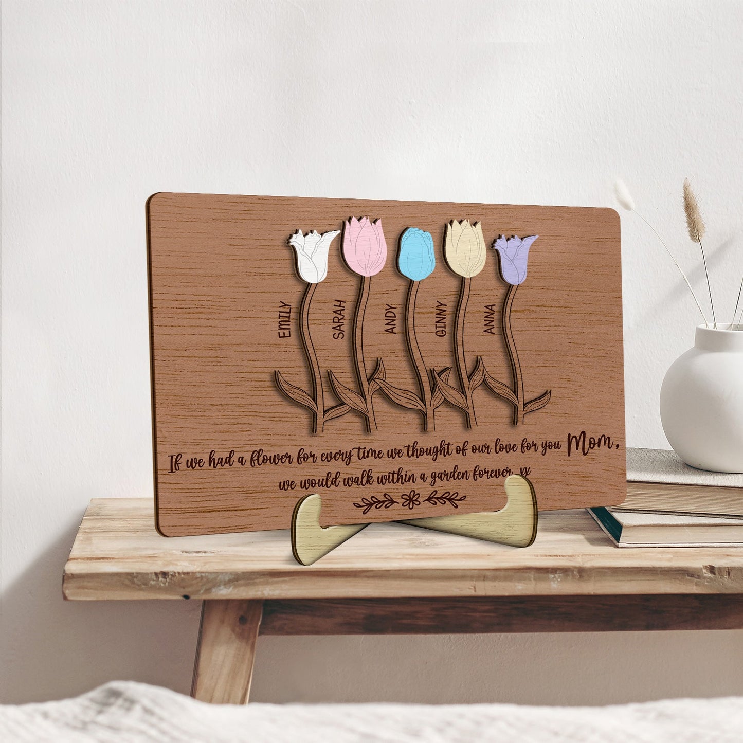 Mom's Flower Garden - Birthday, Loving Gift For Mother, Mum, Grandma, Grandmother, Family - Personalized 2-Layered Wooden Plaque With Stand