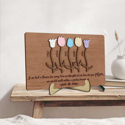 Mom's Flower Garden - Birthday, Loving Gift For Mother, Mum, Grandma, Grandmother, Family - Personalized 2-Layered Wooden Plaque With Stand