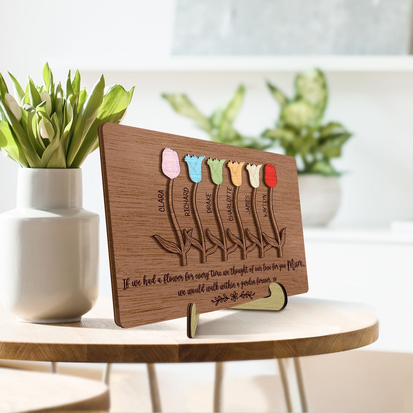 Mom's Flower Garden - Birthday, Loving Gift For Mother, Mum, Grandma, Grandmother, Family - Personalized 2-Layered Wooden Plaque With Stand