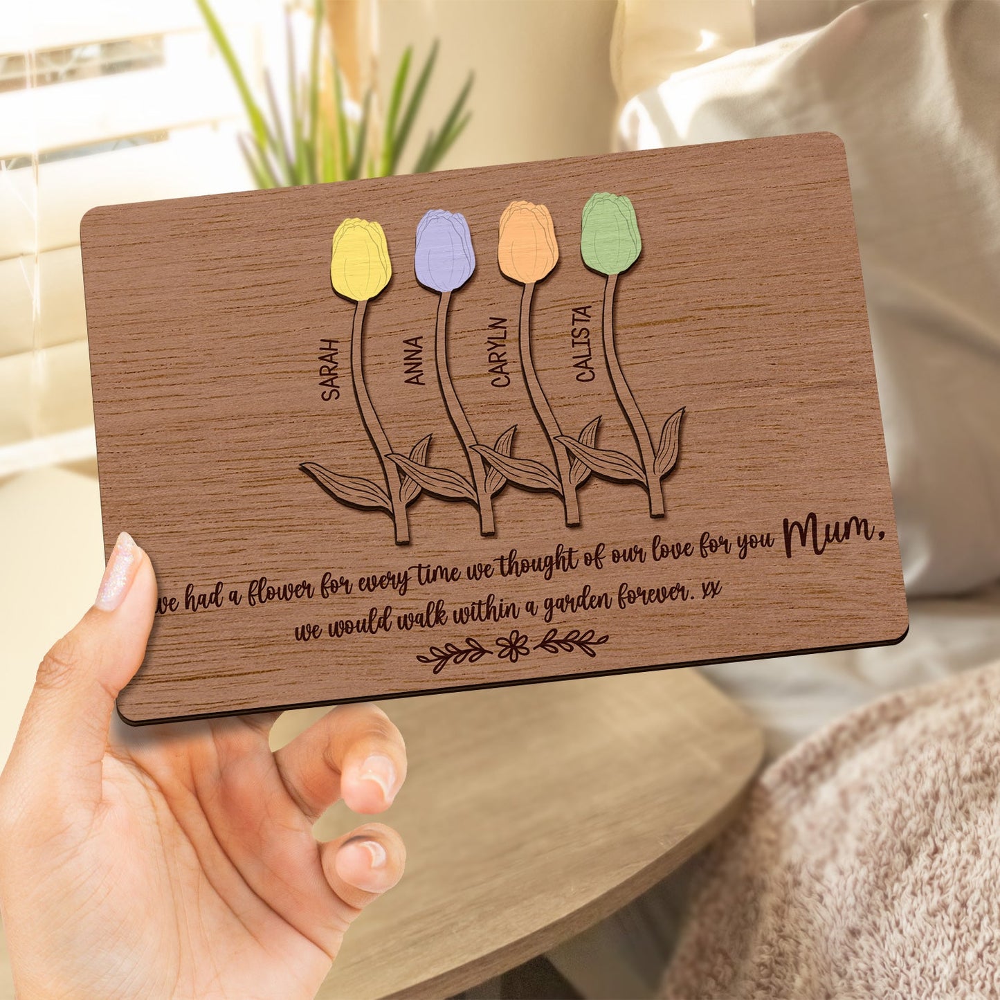 Mom's Flower Garden - Birthday, Loving Gift For Mother, Mum, Grandma, Grandmother, Family - Personalized 2-Layered Wooden Plaque With Stand