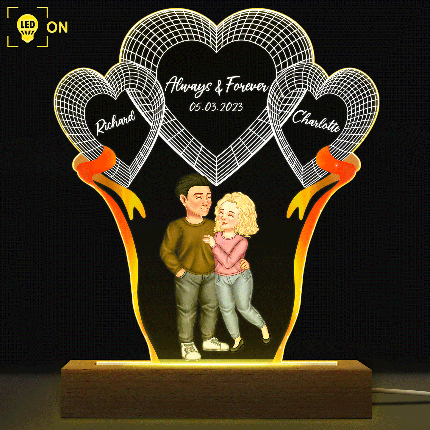 Arm In Arm Couple Forever Together - Loving, Anniversary Gift For Couples, Husband, Wife - Personalized 3D Led Light Wooden Base