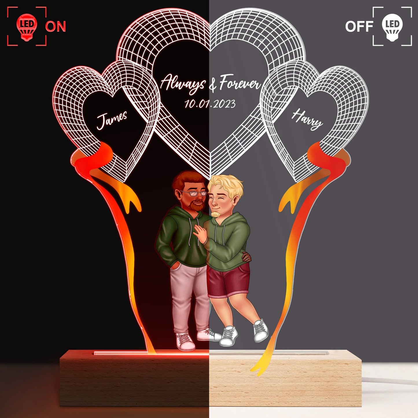 Arm In Arm Couple Forever Together - Loving, Anniversary Gift For Couples, Husband, Wife - Personalized 3D Led Light Wooden Base