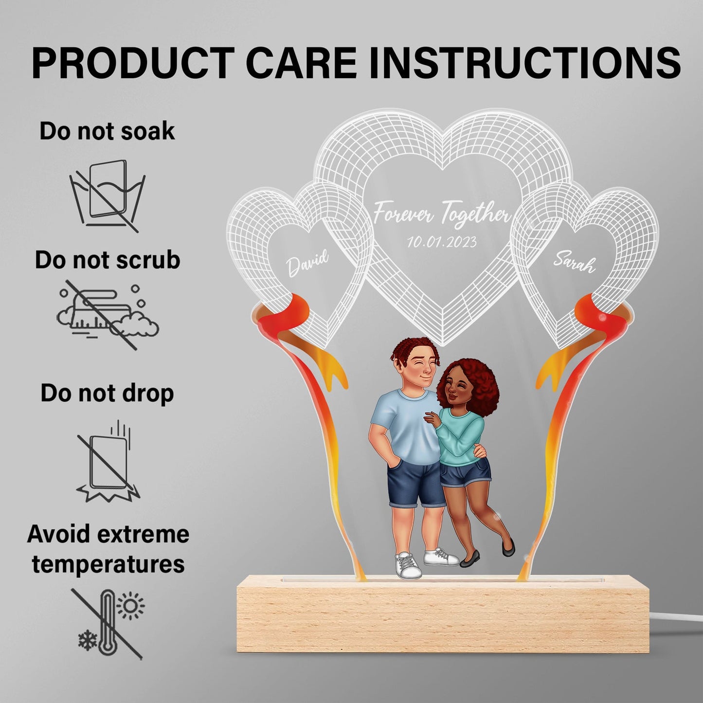 Arm In Arm Couple Forever Together - Loving, Anniversary Gift For Couples, Husband, Wife - Personalized 3D Led Light Wooden Base