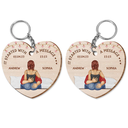 It Starts With A Message - Aniversary Gift For Couples - Personalized Wooden Keychain