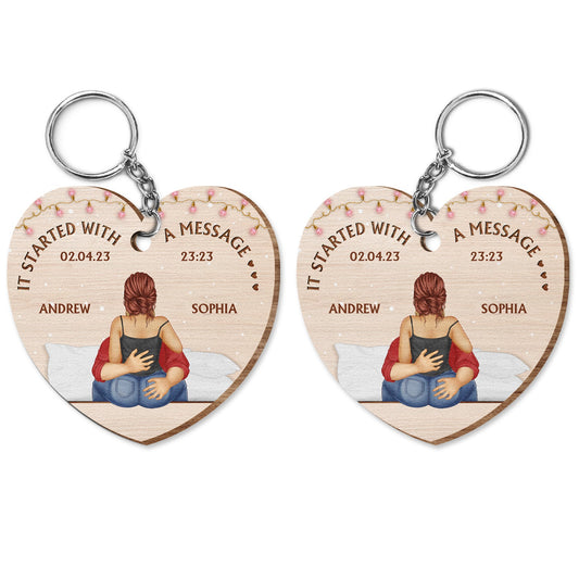 It Starts With A Message - Aniversary Gift For Couples - Personalized Wooden Keychain