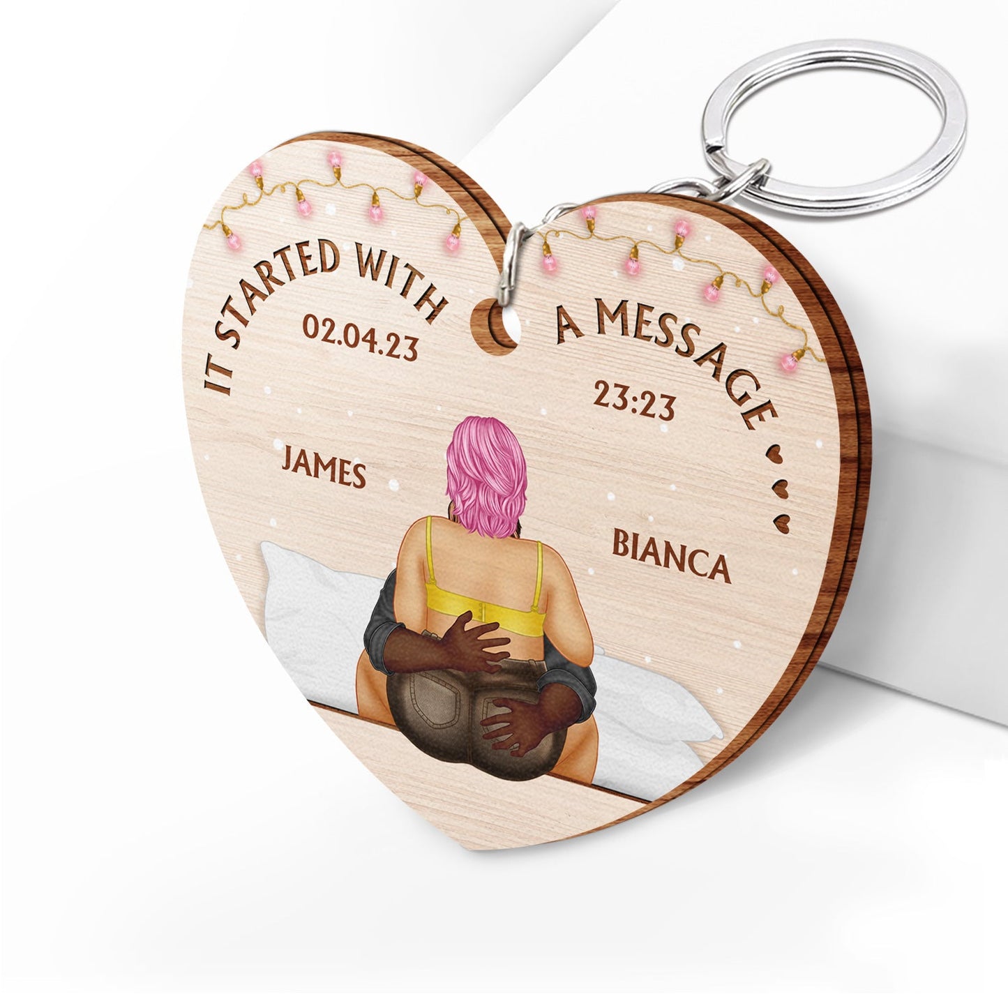 It Starts With A Message - Aniversary Gift For Couples - Personalized Wooden Keychain