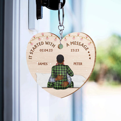 It Starts With A Message - Aniversary Gift For Couples - Personalized Wooden Keychain