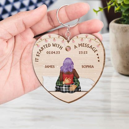 It Starts With A Message - Aniversary Gift For Couples - Personalized Wooden Keychain