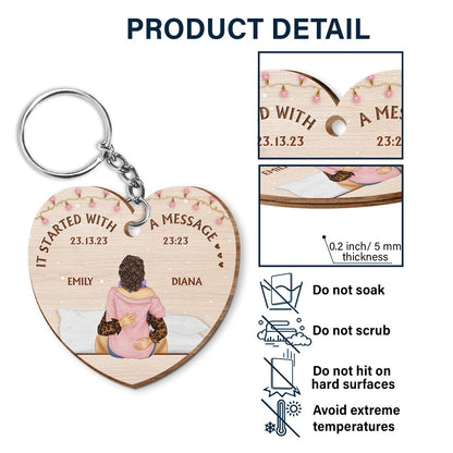 It Starts With A Message - Aniversary Gift For Couples - Personalized Wooden Keychain