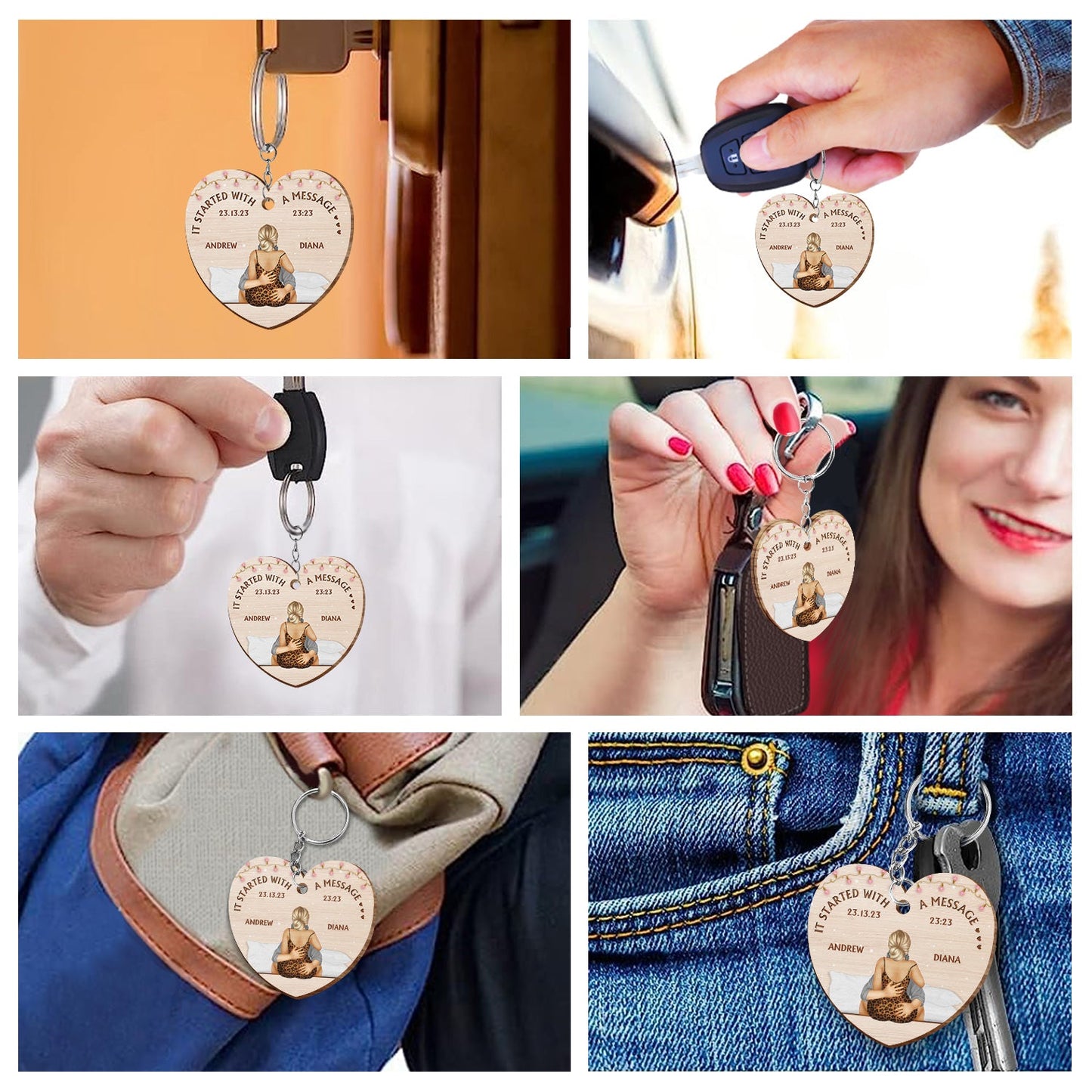 It Starts With A Message - Aniversary Gift For Couples - Personalized Wooden Keychain